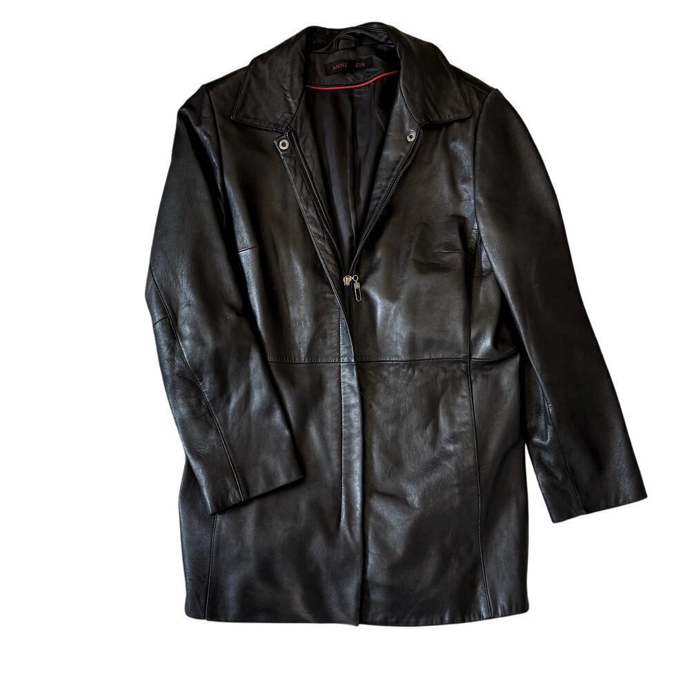 Anne Klein Lambskin Leather Black Longline Jacket Women's Size Medium